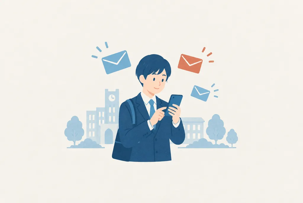 スマートフォンで企業からのオファーを確認する就活生のイラスト