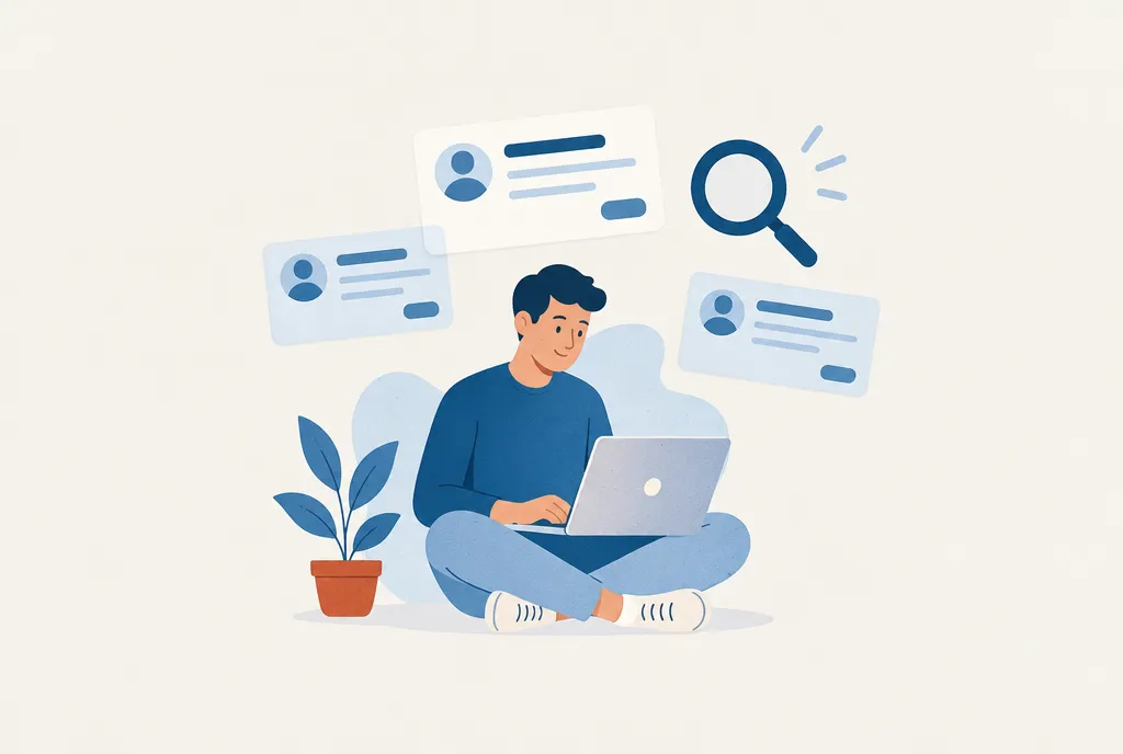 ノートパソコンで求人を探す若者のイラスト